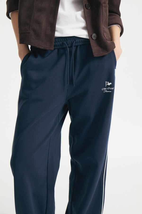 Navy- Side-Striped Print-Motif Trousers