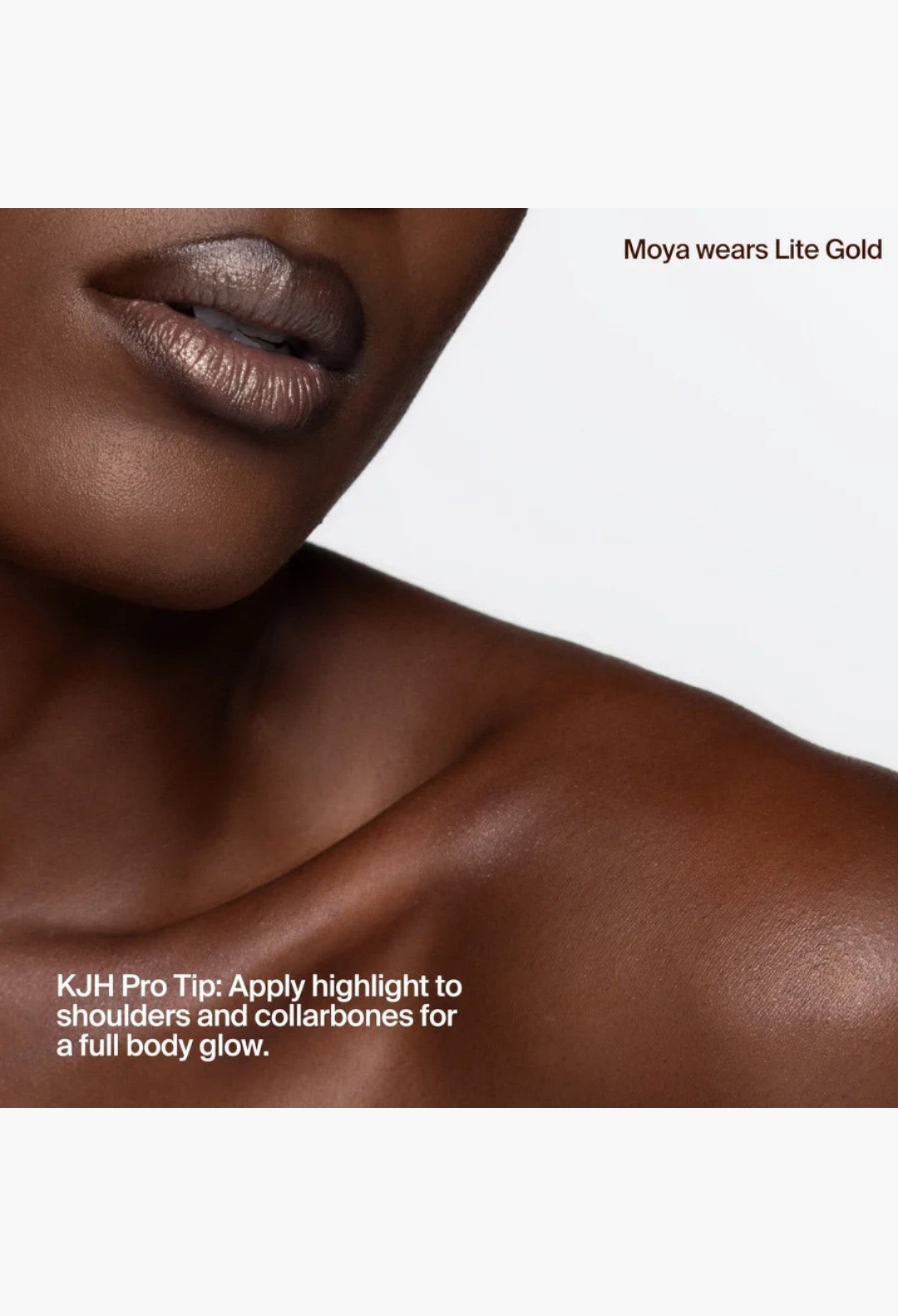 GLAM MODA Hyper Shine Lite Pigment in Lite Gold applied to lips and shoulders for a radiant, luminous glow.