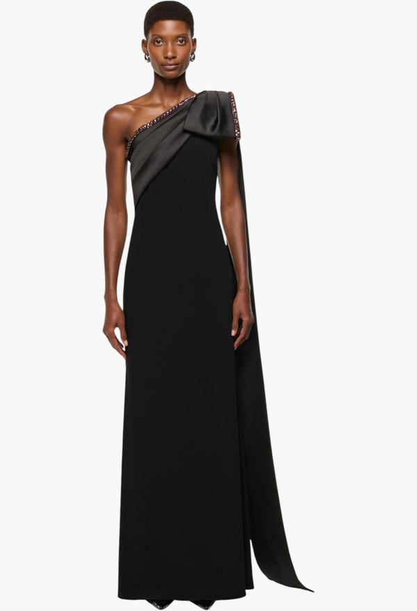 Contrast Crystal Trimmed Bow Satin Crepe Gown