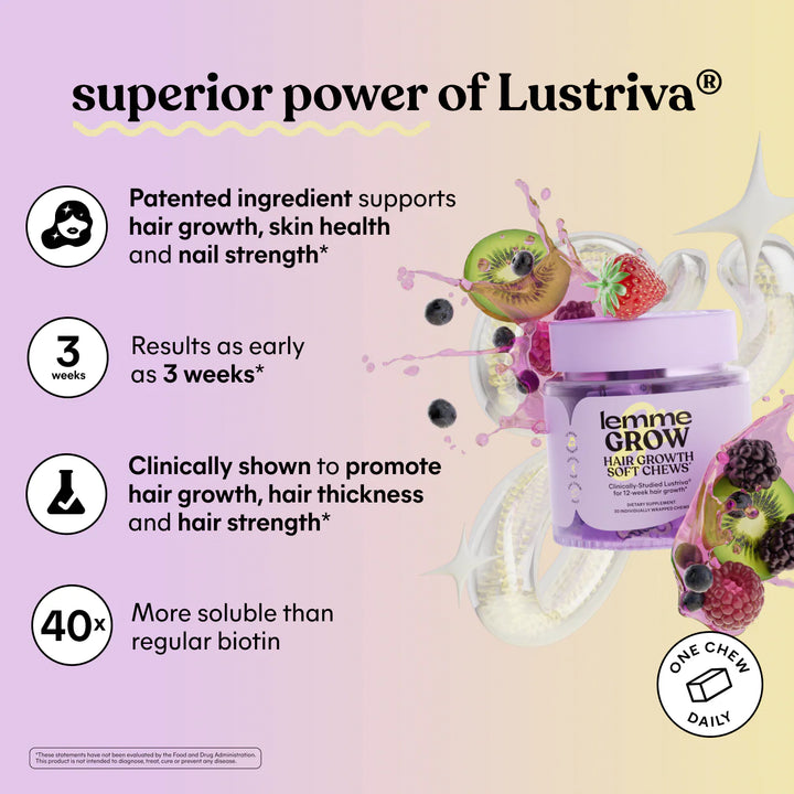Lemme Grow Soft Chews - Hair Growth & Skin Support - Clinically Studied Lustriva - Mixed Fruit Flavor - GLAM MODA