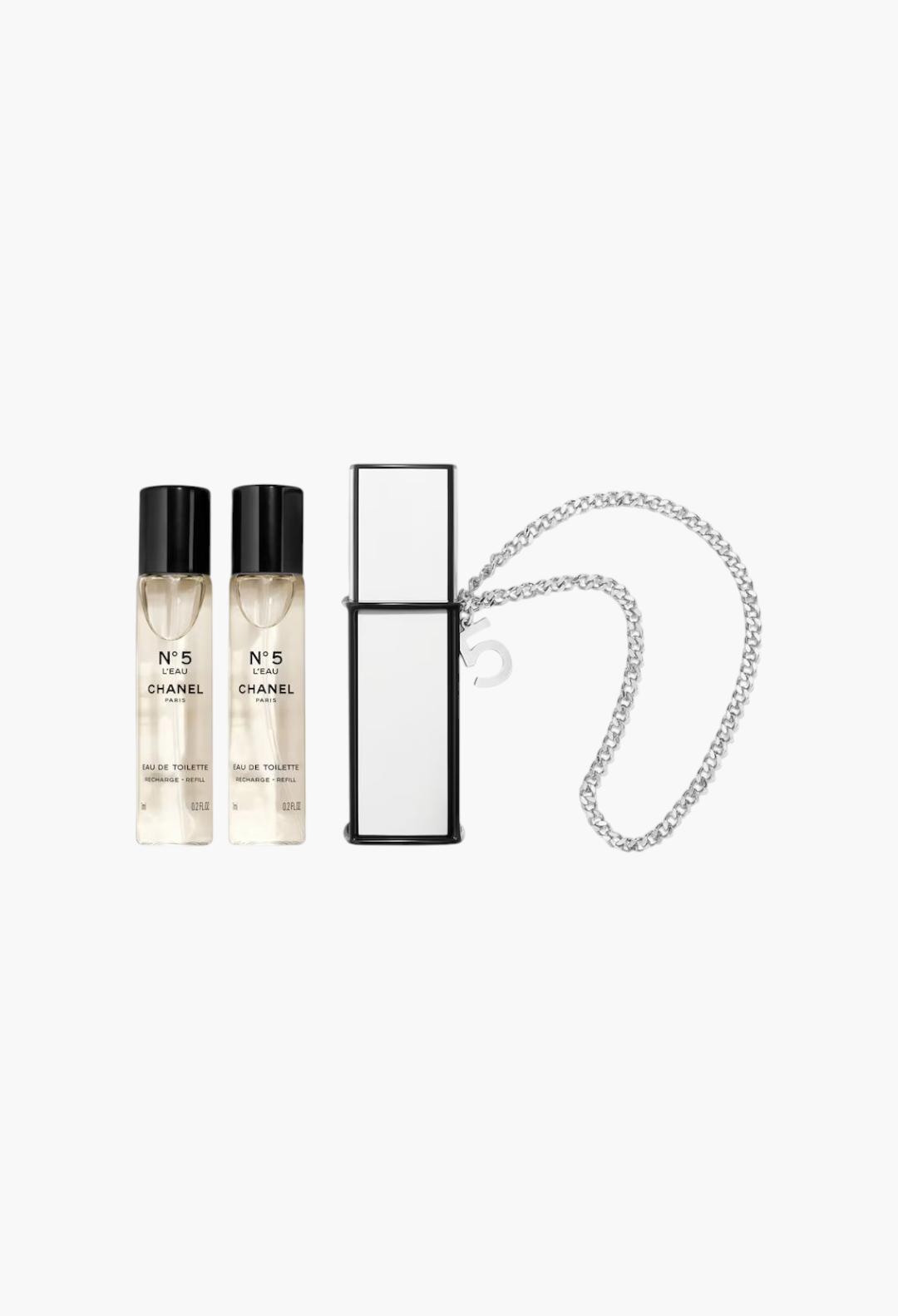 GLAM MODA Chanel N°5 L'eau purse spray set with silver chain, two refill vials, and white case.