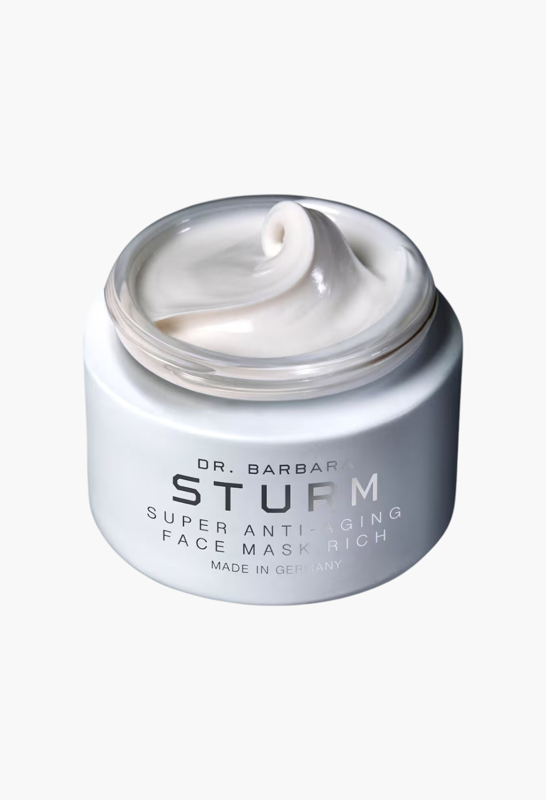 GLAM MODA Dr. Barbara Sturm Super Anti-Aging Face Mask Rich in a white jar with a creamy white texture.