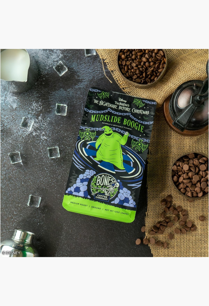 GLAM MODA Bones Coffee Company Mudslide Boogie medium roast ground coffee bag with Nightmare Before Christmas design