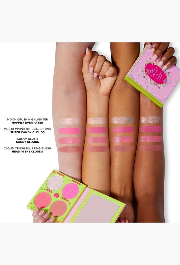 GLAM MODA Too Faced Fairytale Crush blush and highlighter palette swatches on three different skin tones