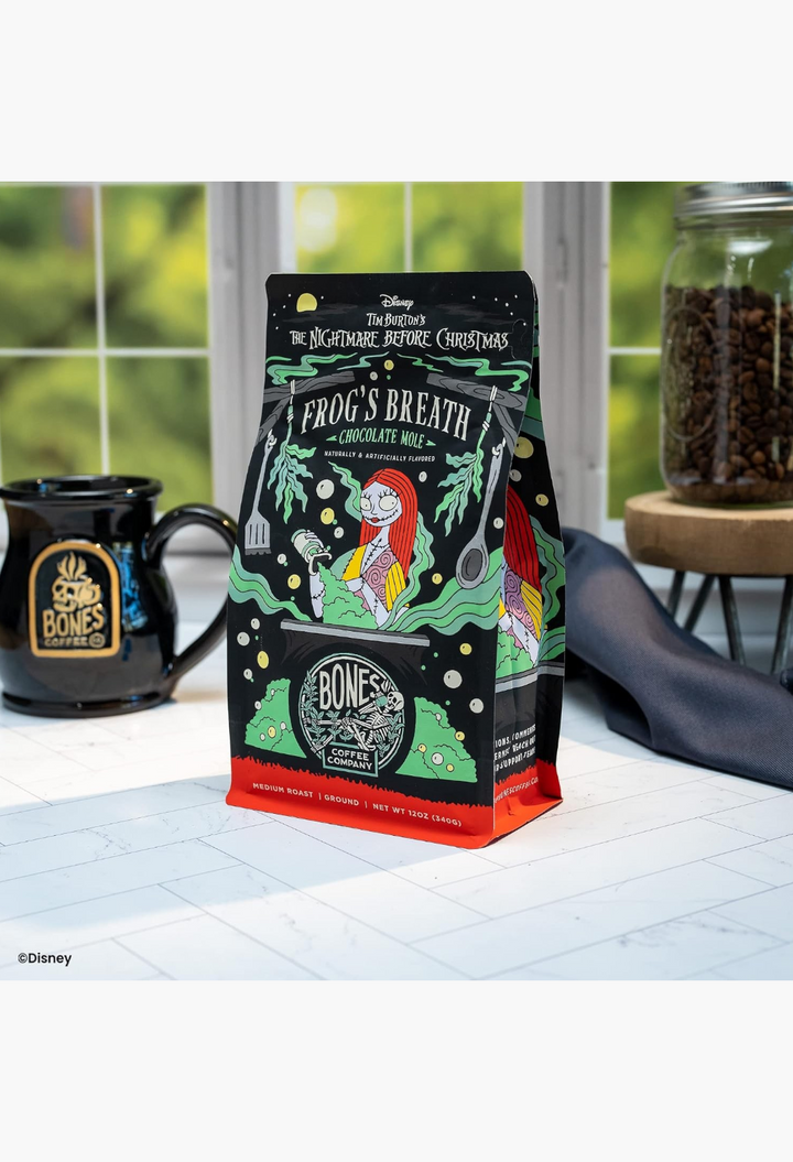 GLAM MODA Bones Coffee Company Frog's Breath medium roast ground coffee bag featuring Sally from The Nightmare Before Christmas
