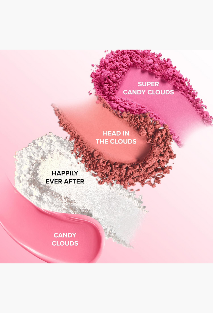 GLAM MODA Too Faced Fairytale Crush makeup palette swatches featuring pink powder blushes, highlighter, and cream blush.