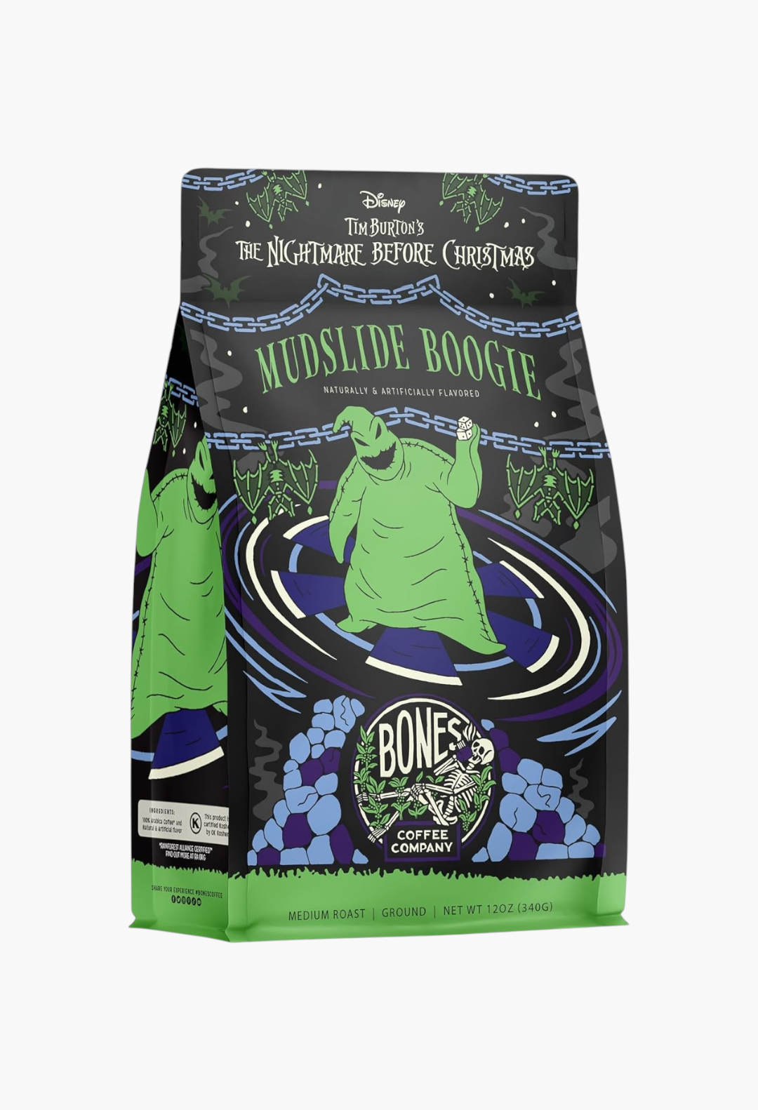 GLAM MODA Bones Coffee Company Mudslide Boogie medium roast ground coffee bag with Oogie Boogie character design