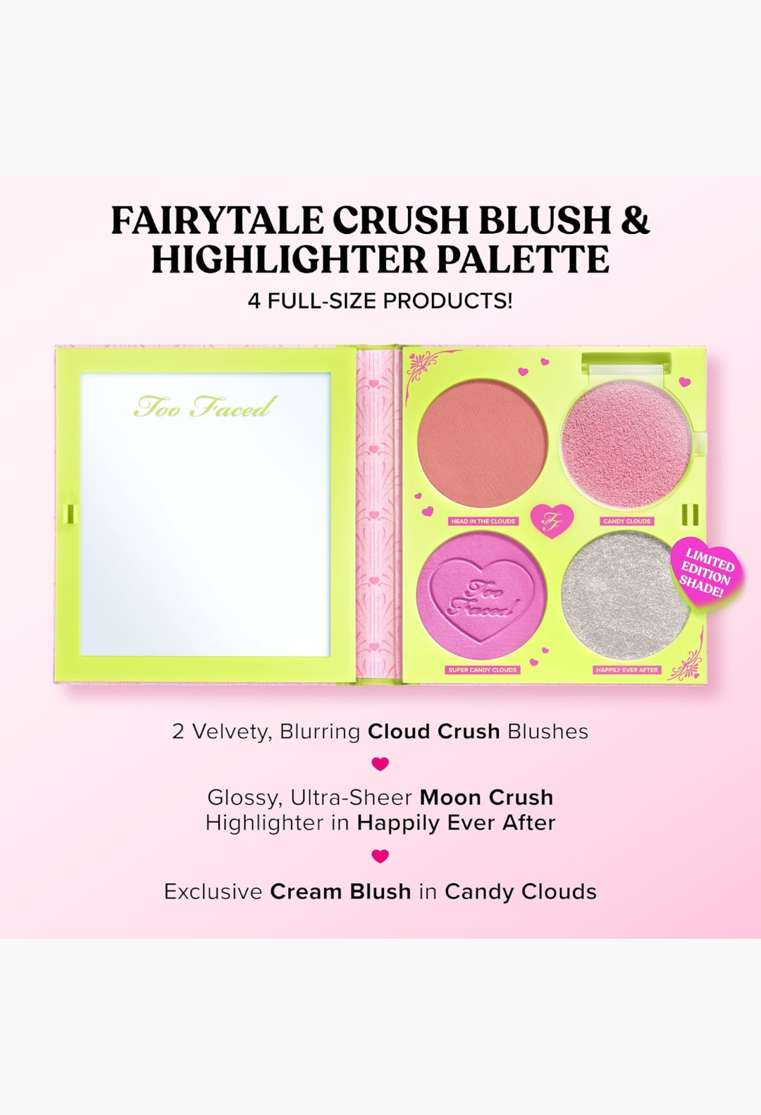 GLAM MODA Too Faced Fairytale Crush makeup palette featuring four pink and shimmering blush and highlighter shades.