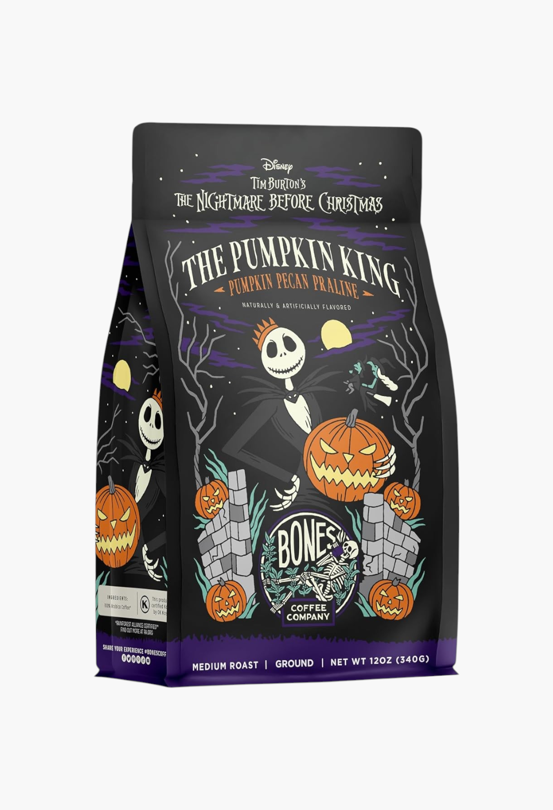 GLAM MODA Bones Coffee Company The Nightmare Before Christmas Pumpkin King medium roast ground coffee 12oz bag