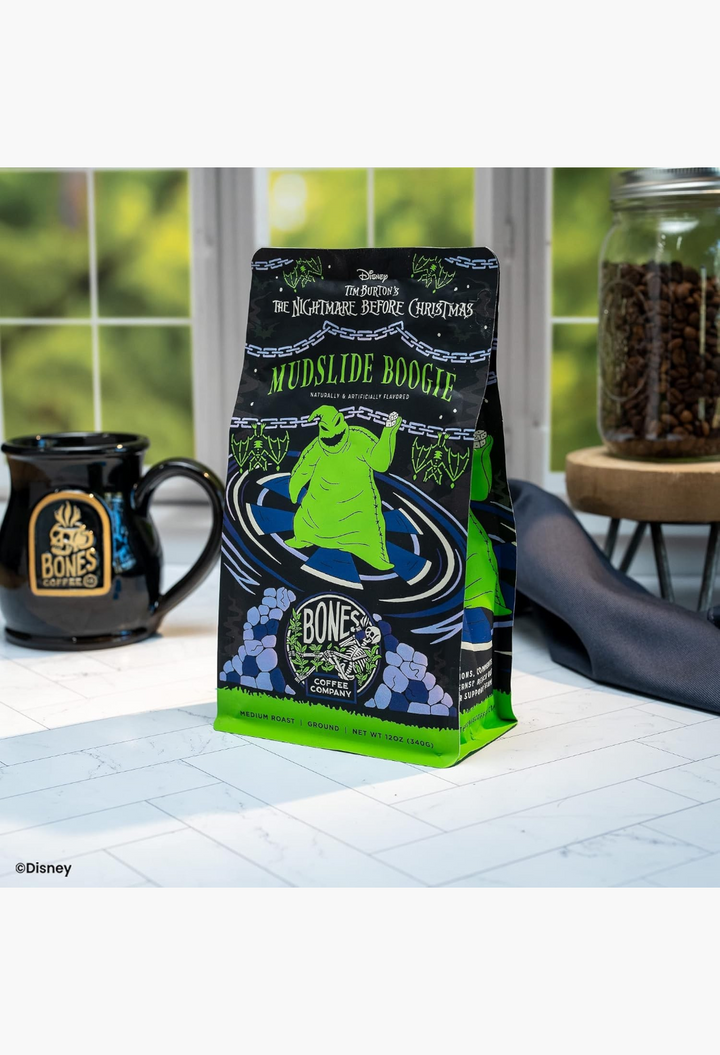 GLAM MODA Bones Coffee Company Mudslide Boogie coffee bag featuring Oogie Boogie with a matching black coffee mug