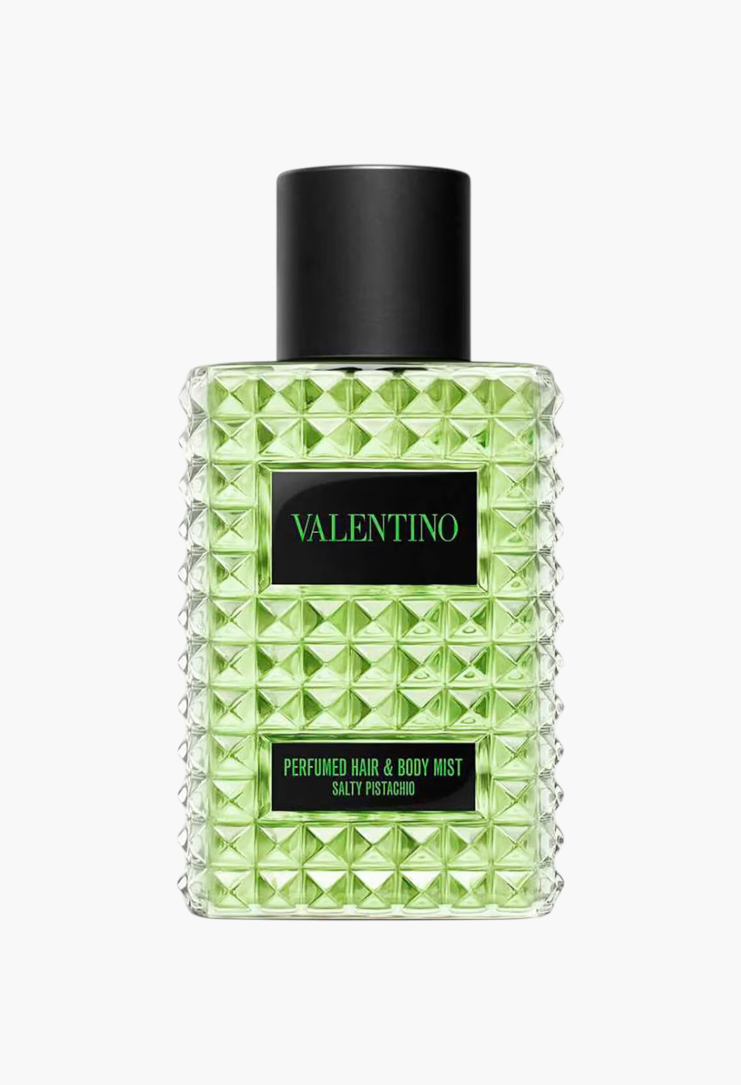 GLAM MODA Valentino Born in Roma Salty Pistachio hair and body mist in a green studded glass bottle with black cap