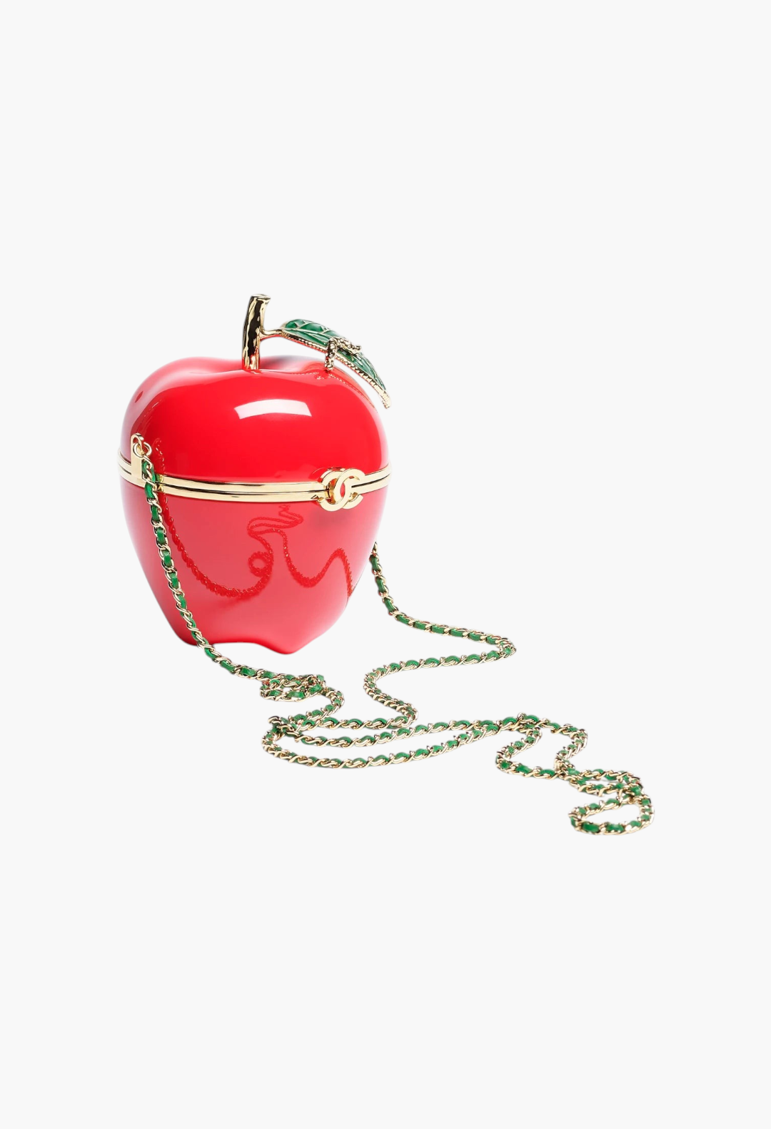 GLAM MODA apple-shaped red lacquered metal minaudiere with green enamel leaf and gold-tone chain strap