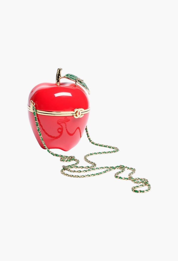GLAM MODA apple-shaped red lacquered metal minaudiere with green enamel leaf and gold-tone chain strap
