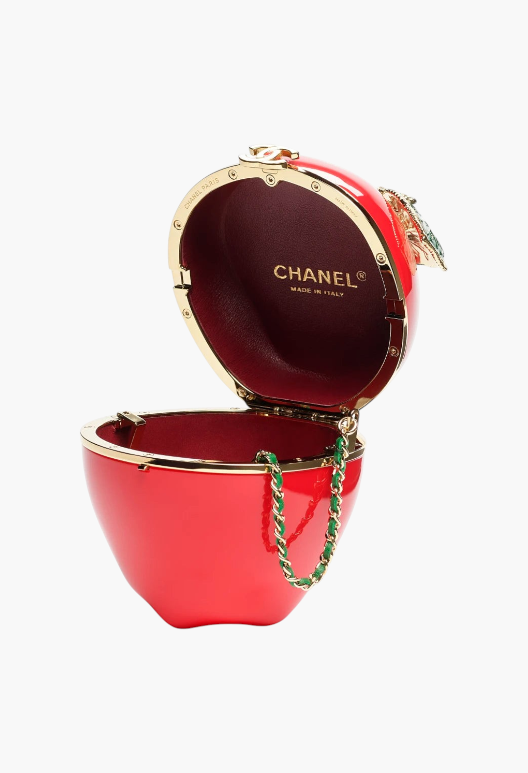 GLAM MODA apple-shaped minaudière in red lacquered metal with gold-tone hardware and green enamel leaf detail