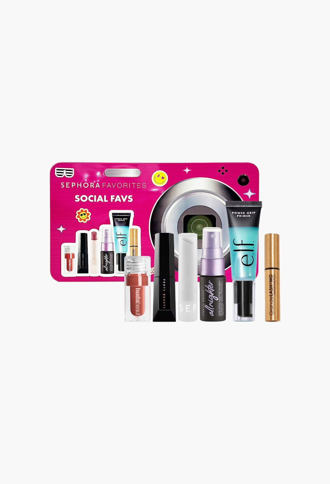 GLAM MODA Social Favs 2026 makeup kit featuring viral beauty products including mascara, lip gloss, and setting spray.