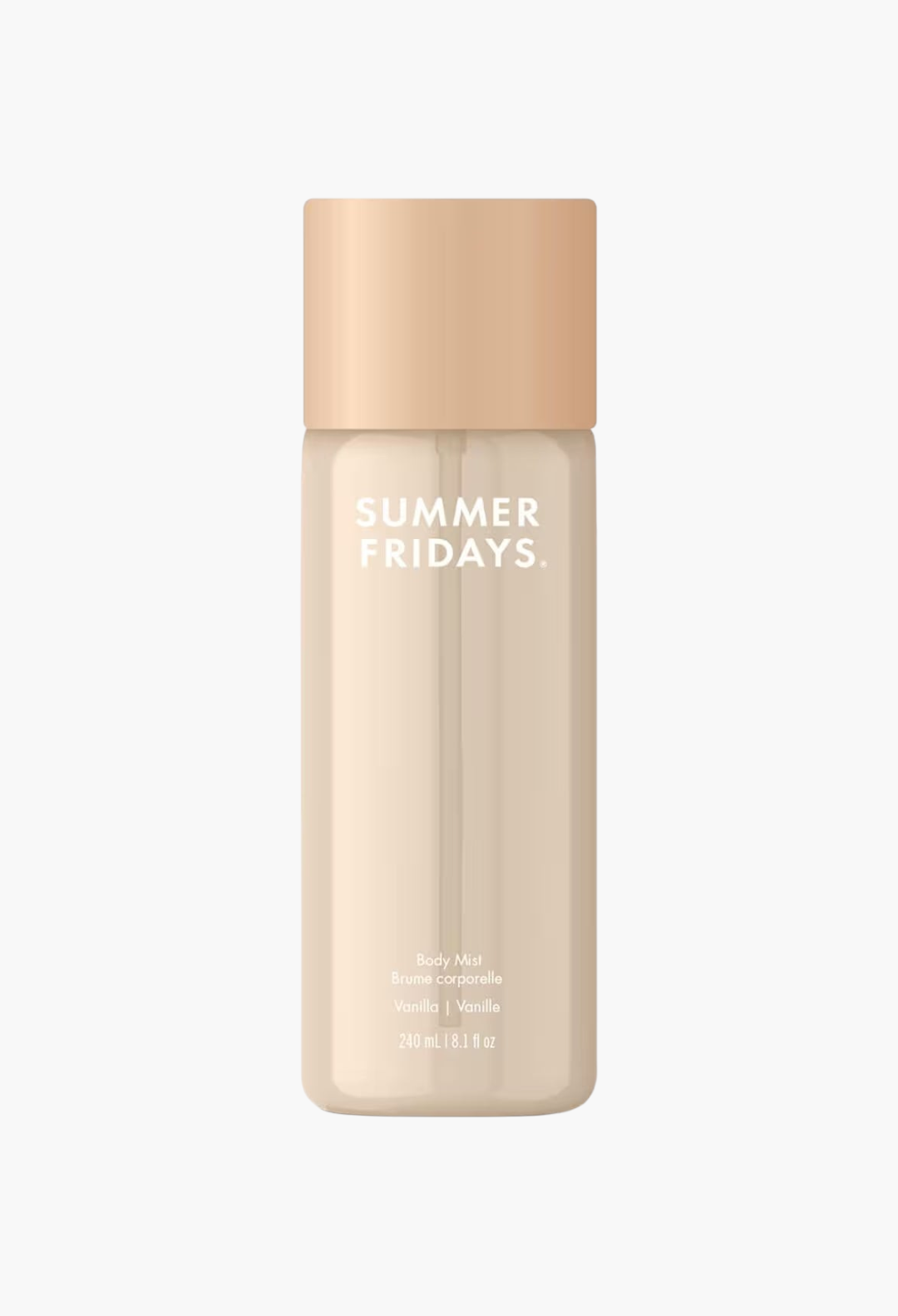 GLAM MODA Summer Fridays Vanilla body fragrance mist in a beige bottle with a lightweight, airy spray formula.