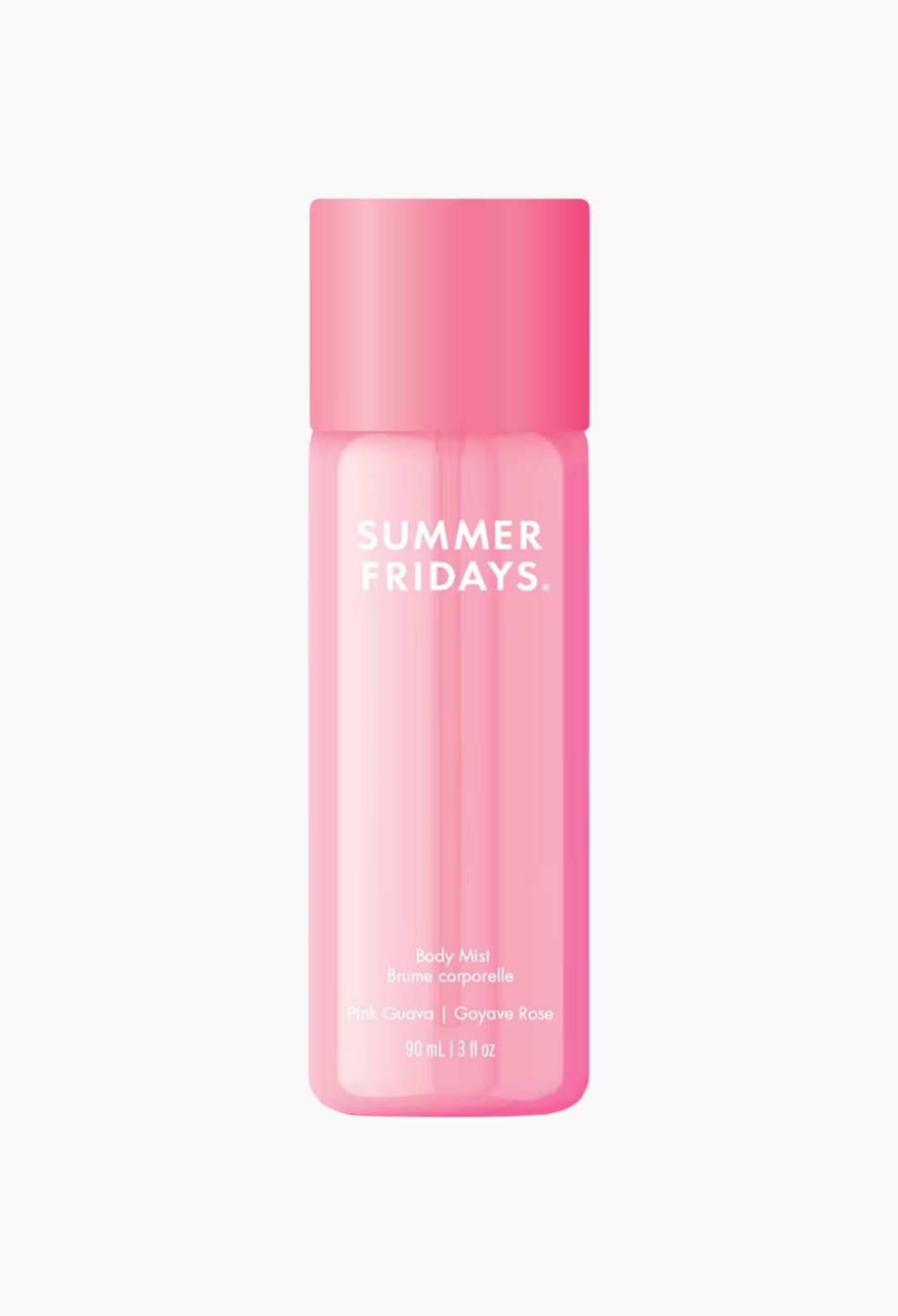 GLAM MODA Summer Fridays Pink Guava body fragrance mist in a translucent pink spray bottle with a matching pink cap.