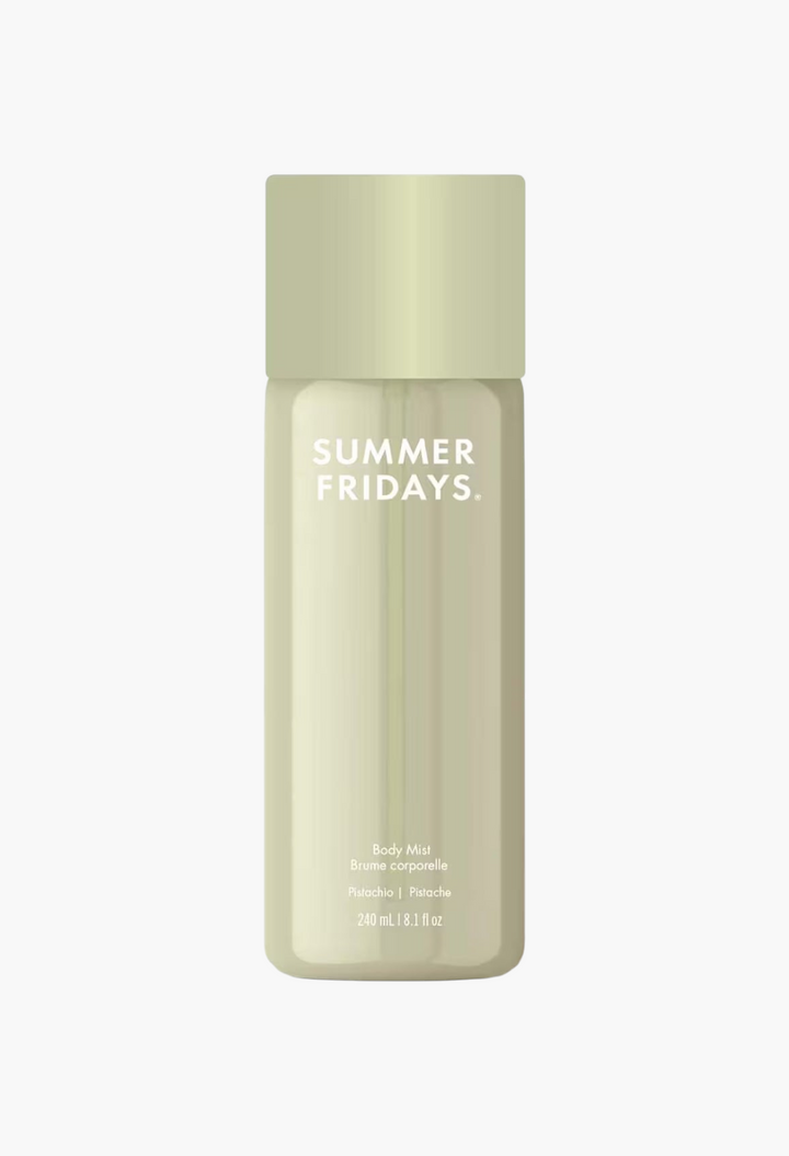 GLAM MODA Summer Fridays Pistachio Milk body fragrance mist in a light green 240ml bottle with a matching cap.