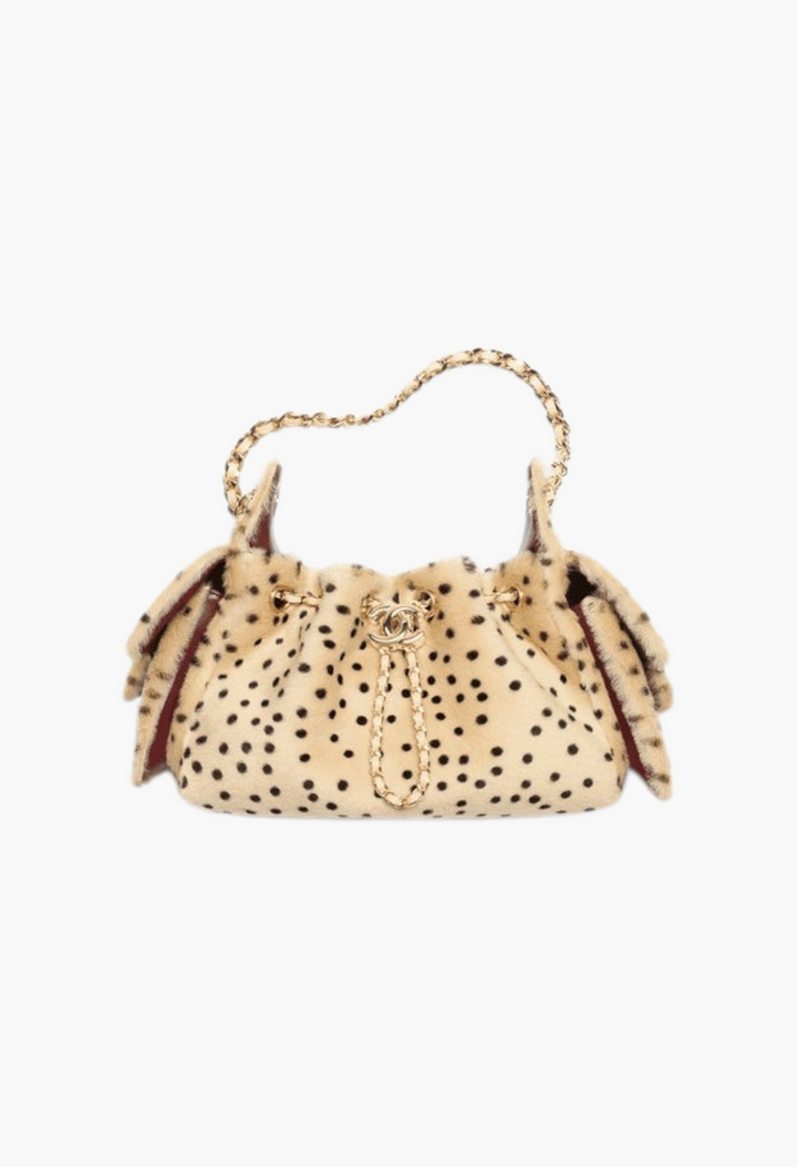 GLAM MODA CHANEL 25 mini handbag in beige lambskin with black polka dots and gold-tone metal chain strap