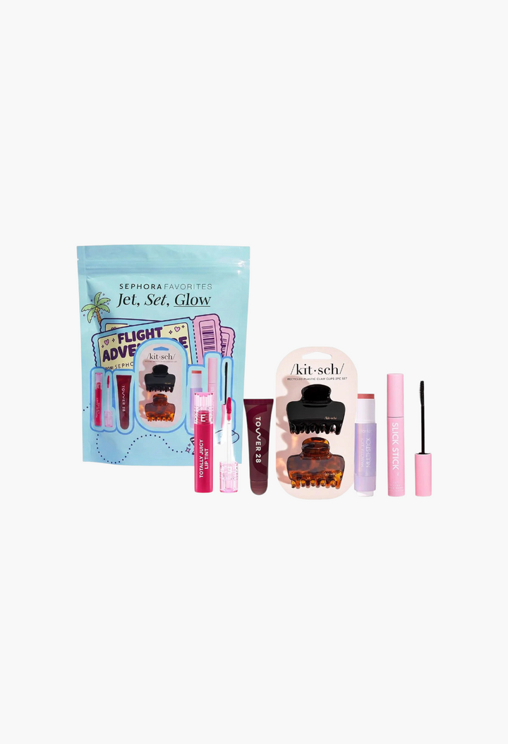 GLAM MODA Jet Set Glow beauty kit featuring Tarte blush, Tower 28 lip balm, Kitsch claw clips, and lip tint.