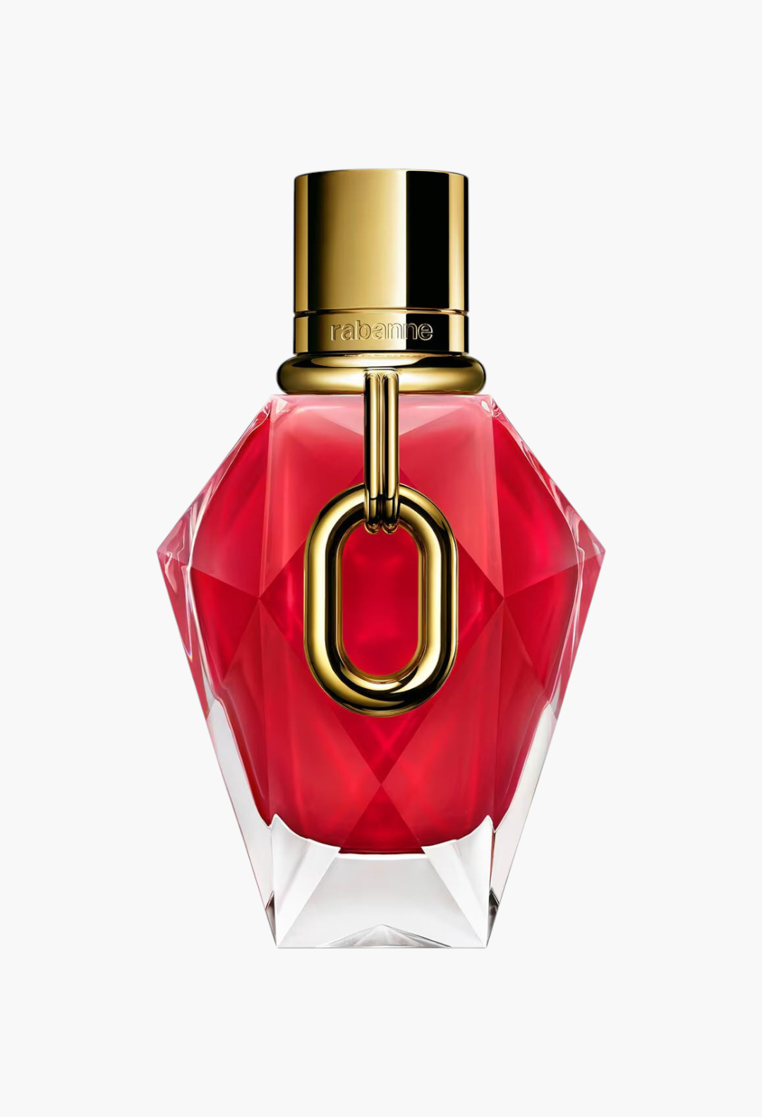 GLAM MODA Million Red for Her parfum in a faceted red diamond-shaped glass bottle with a gold cap and XL link charm.
