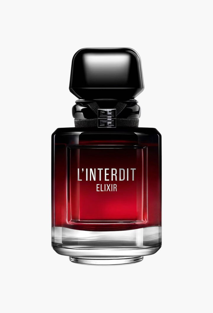 GLAM MODA L'Interdit Elixir Eau de Parfum in a sleek black and deep red gradient glass bottle with a black cap.