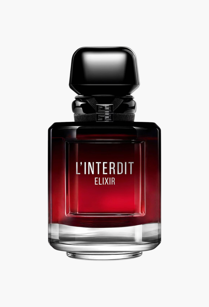 GLAM MODA Givenchy L'Interdit Elixir Eau de Parfum in a sleek, gradient red and black glass bottle.