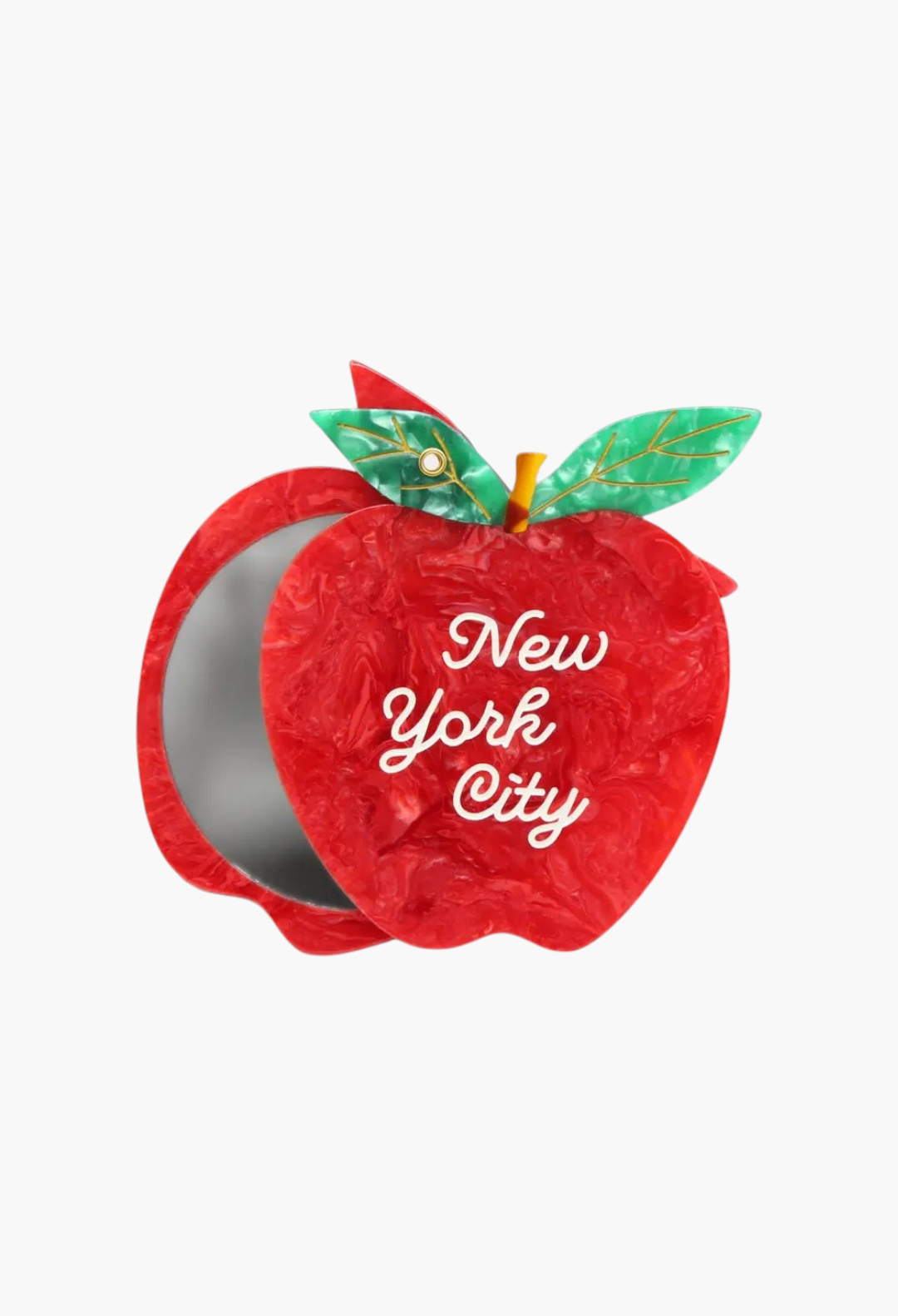 GLAM MODA hand-painted red apple-shaped compact mirror with New York City script and green leaf detail.