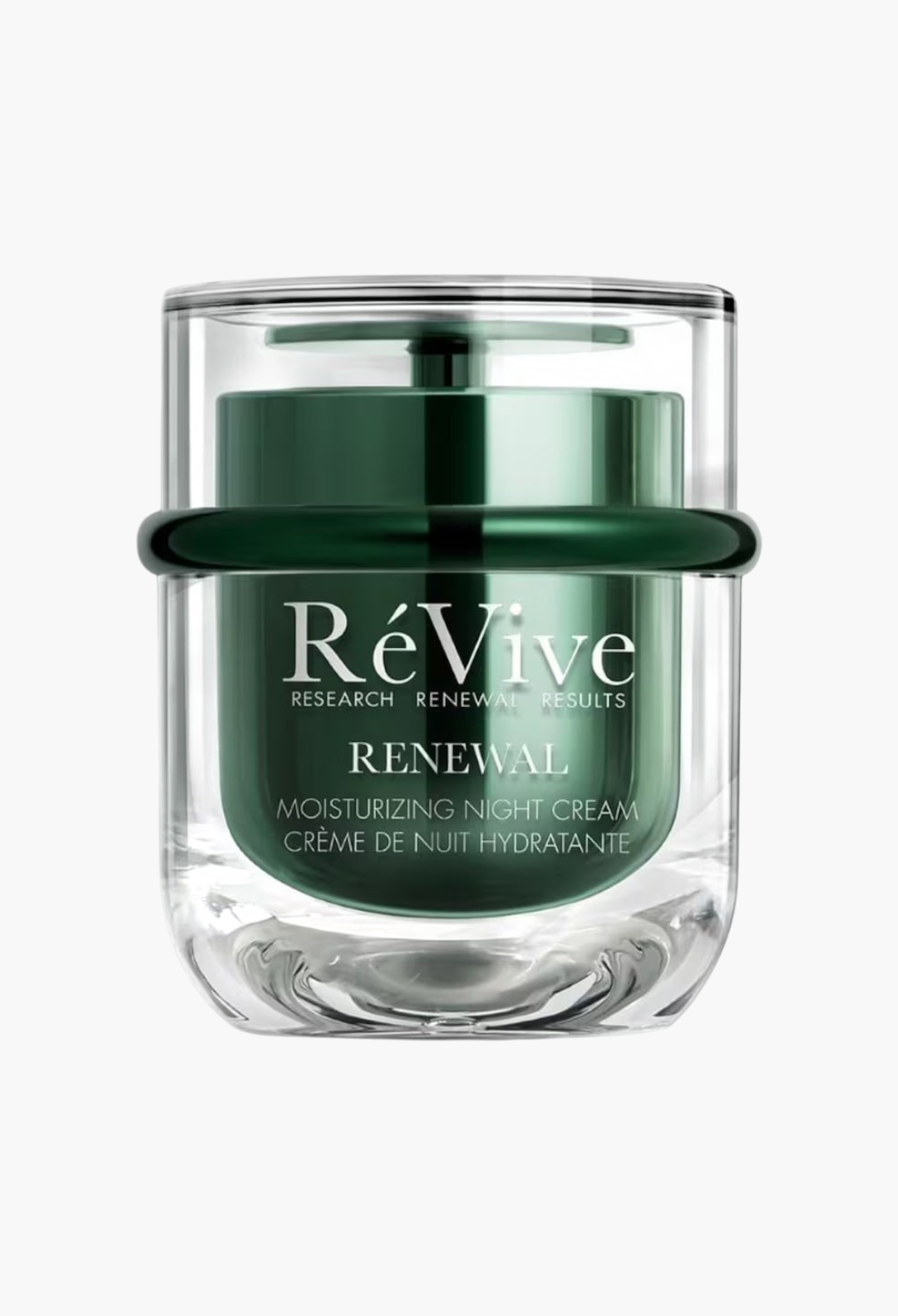 GLAM MODA RéVive Renewal Moisturising Night Cream in a dark green jar with a clear glass outer shell.