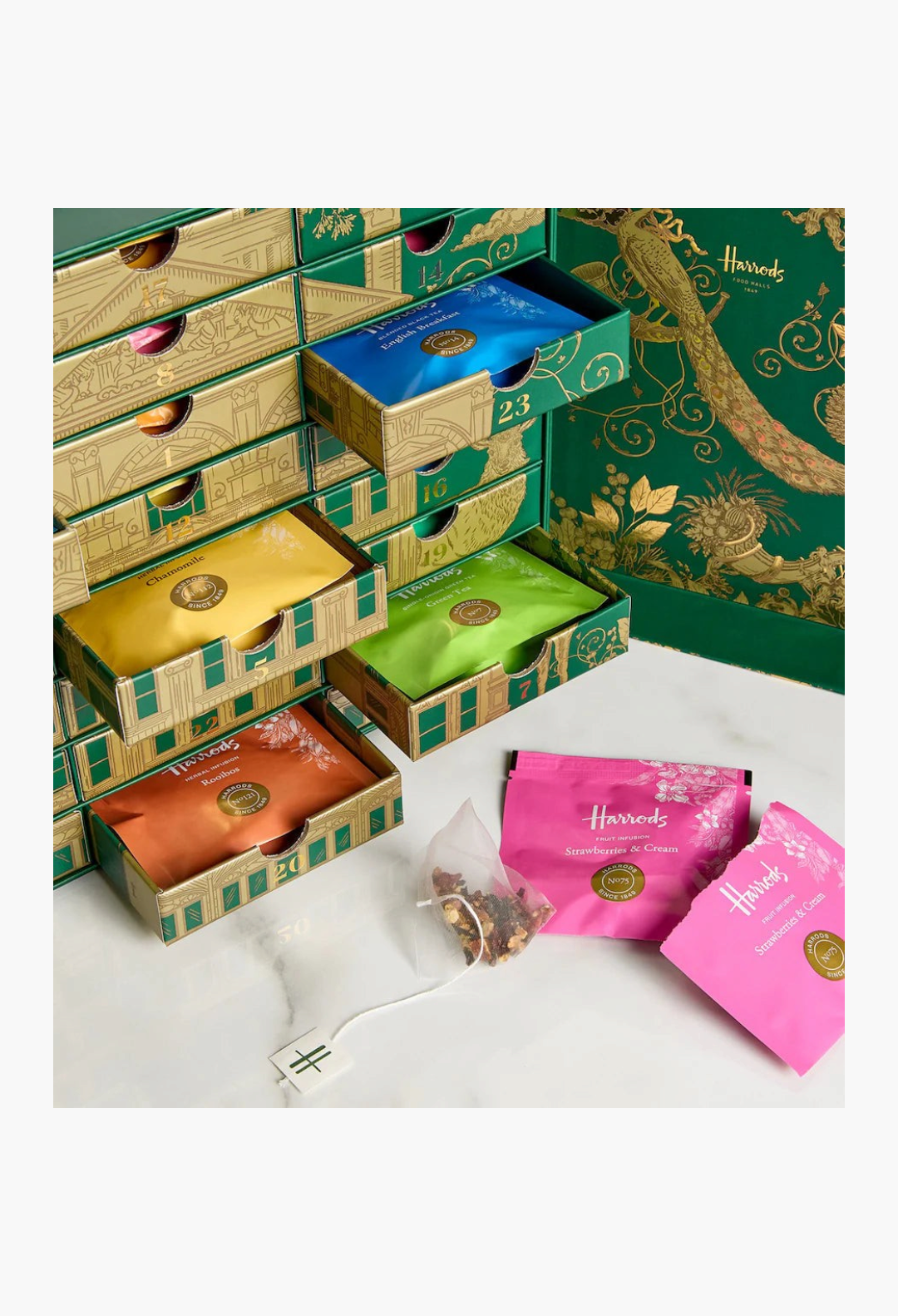 GLAM MODA Tea Lovers advent calendar with green decorative box and assorted colourful tea bags for Christmas