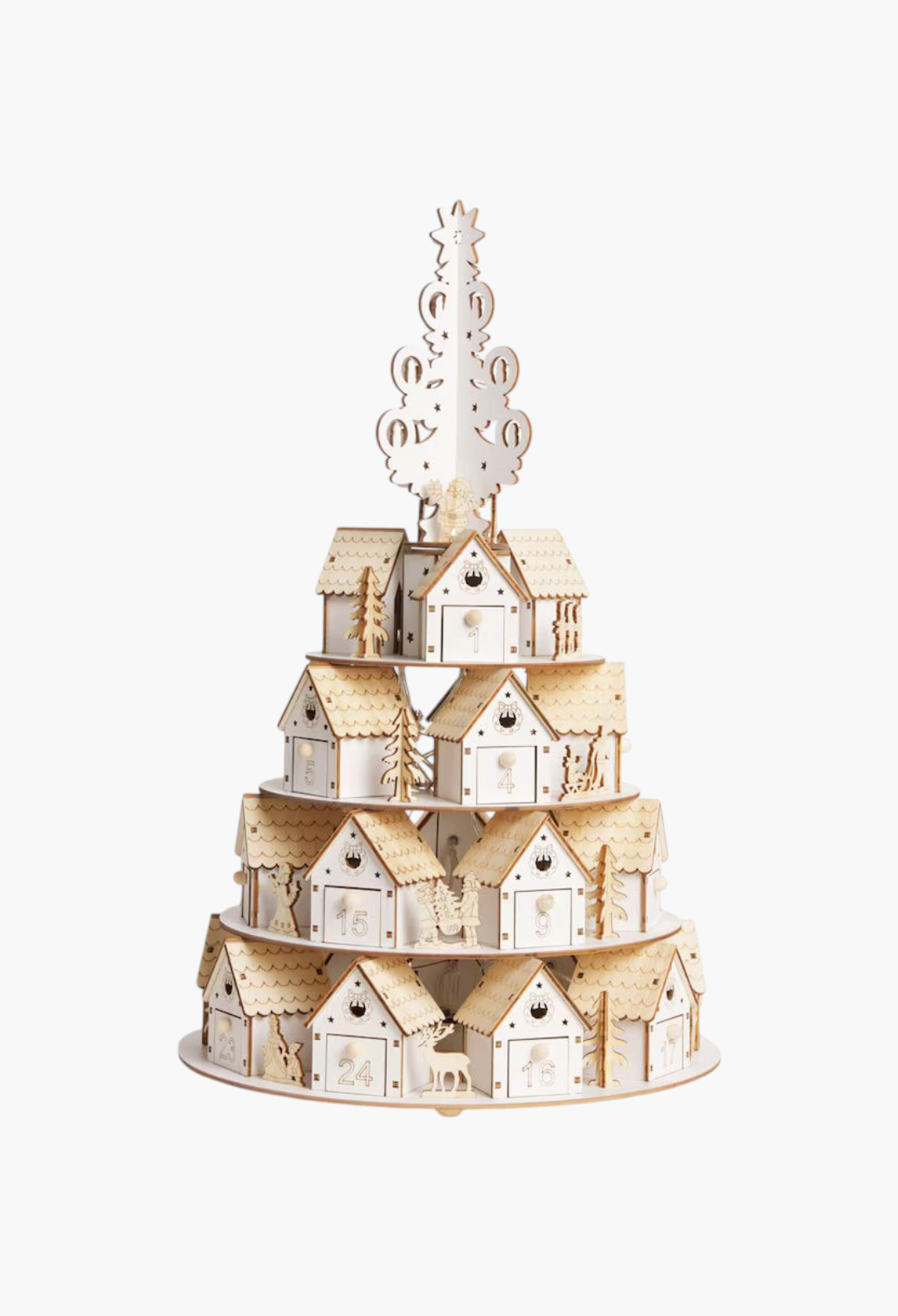 GLAM MODA tiered 3D wooden advent calendar featuring miniature houses and a Christmas tree topper on a white background