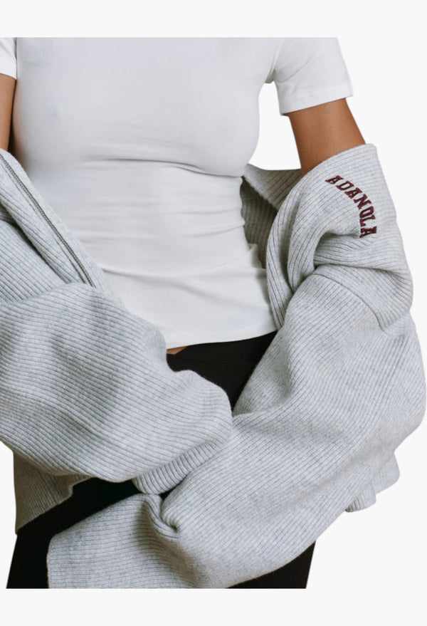 Ribbed Zip Through Knit Sweatshirt - Light Grey Melange/Burgundy