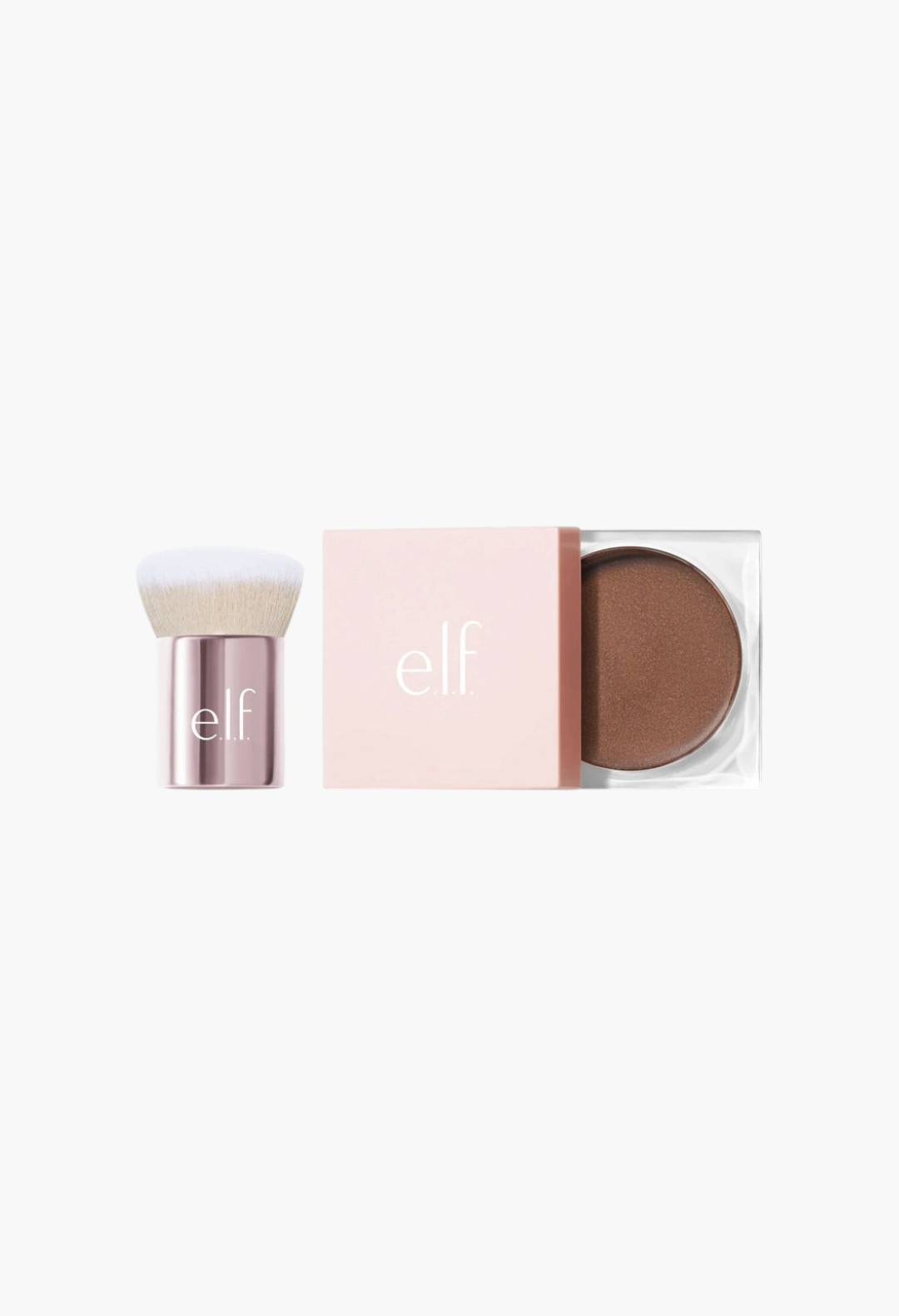 GLAM MODA Halo Glow Goddess Body Balm in a pink compact with a matching plush, dense body brush for radiant skin.