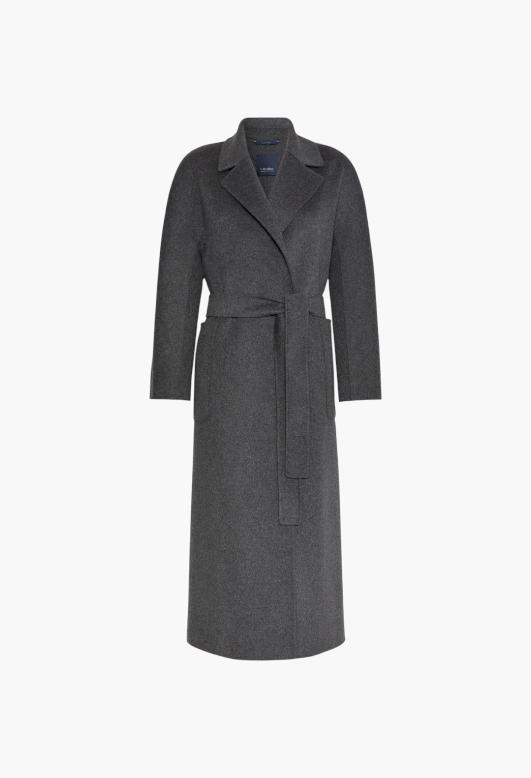 GLAM MODA long charcoal grey wool wrap coat with a lapel collar, kimono sleeves, and a matching waist belt.