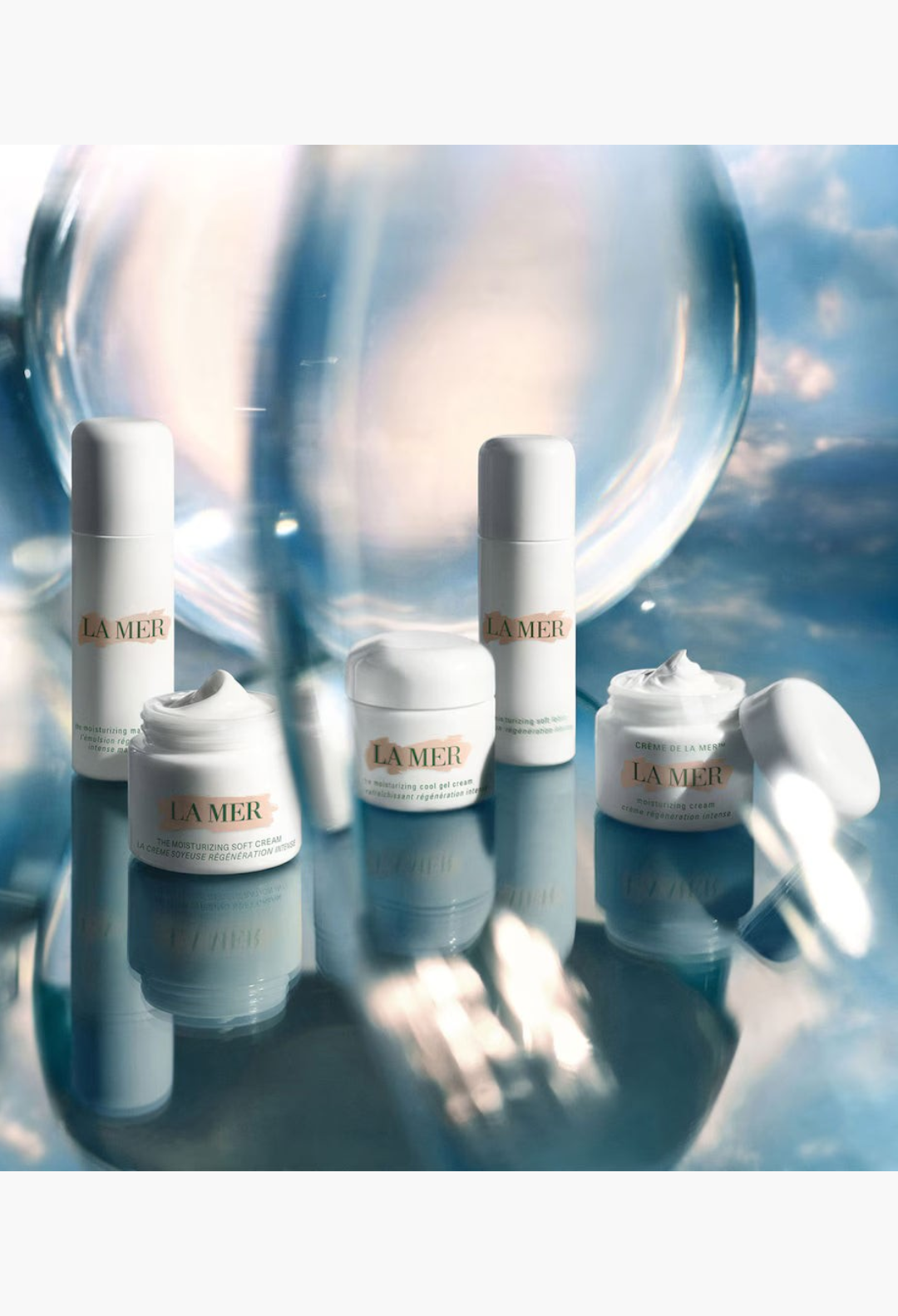 GLAM MODA collection of La Mer skincare products including The Moisturizing Soft Cream jars and bottles