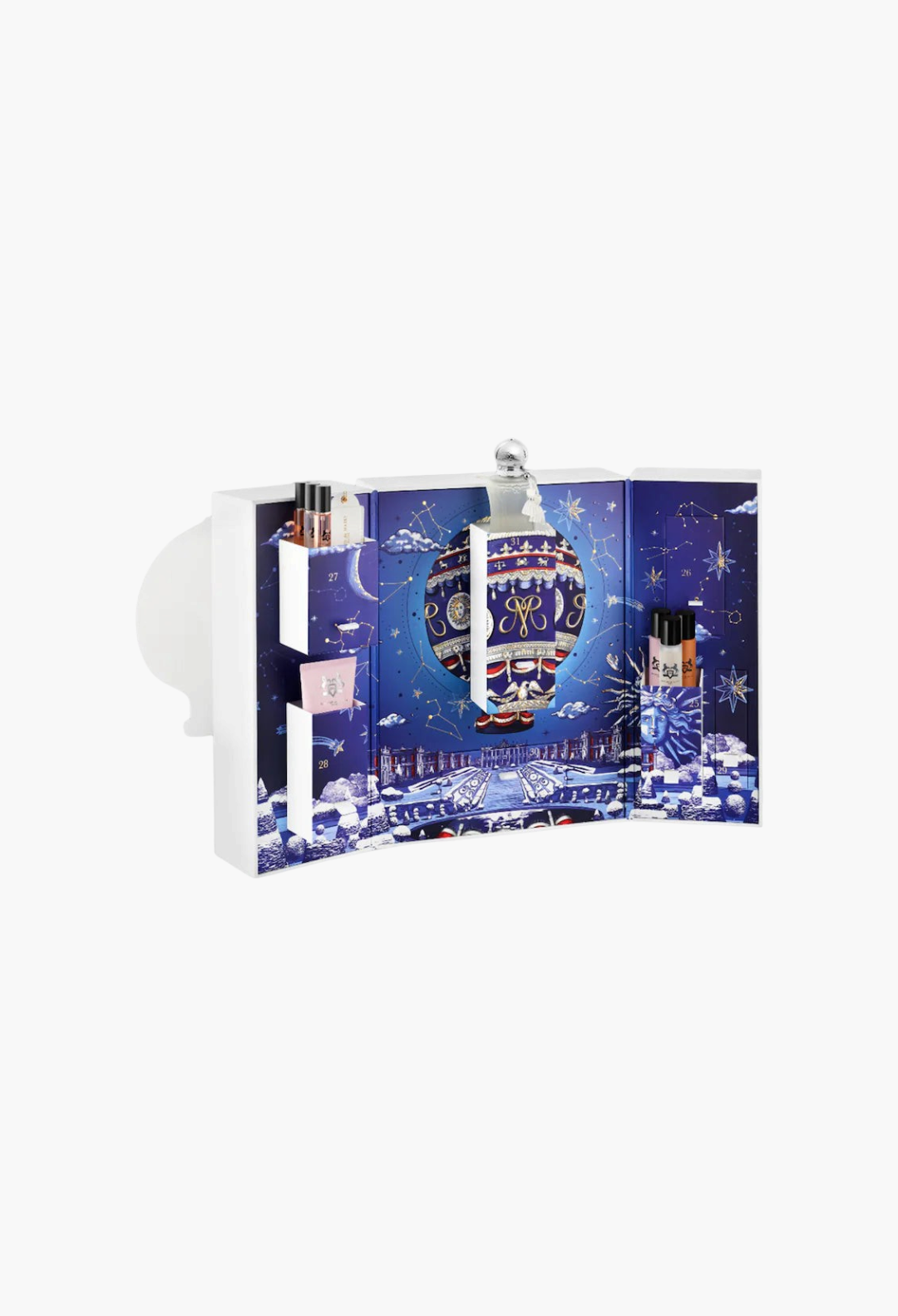 GLAM MODA Countdown Perfume Advent Calendar featuring a blue celestial design with 12 luxury fragrance gifts.