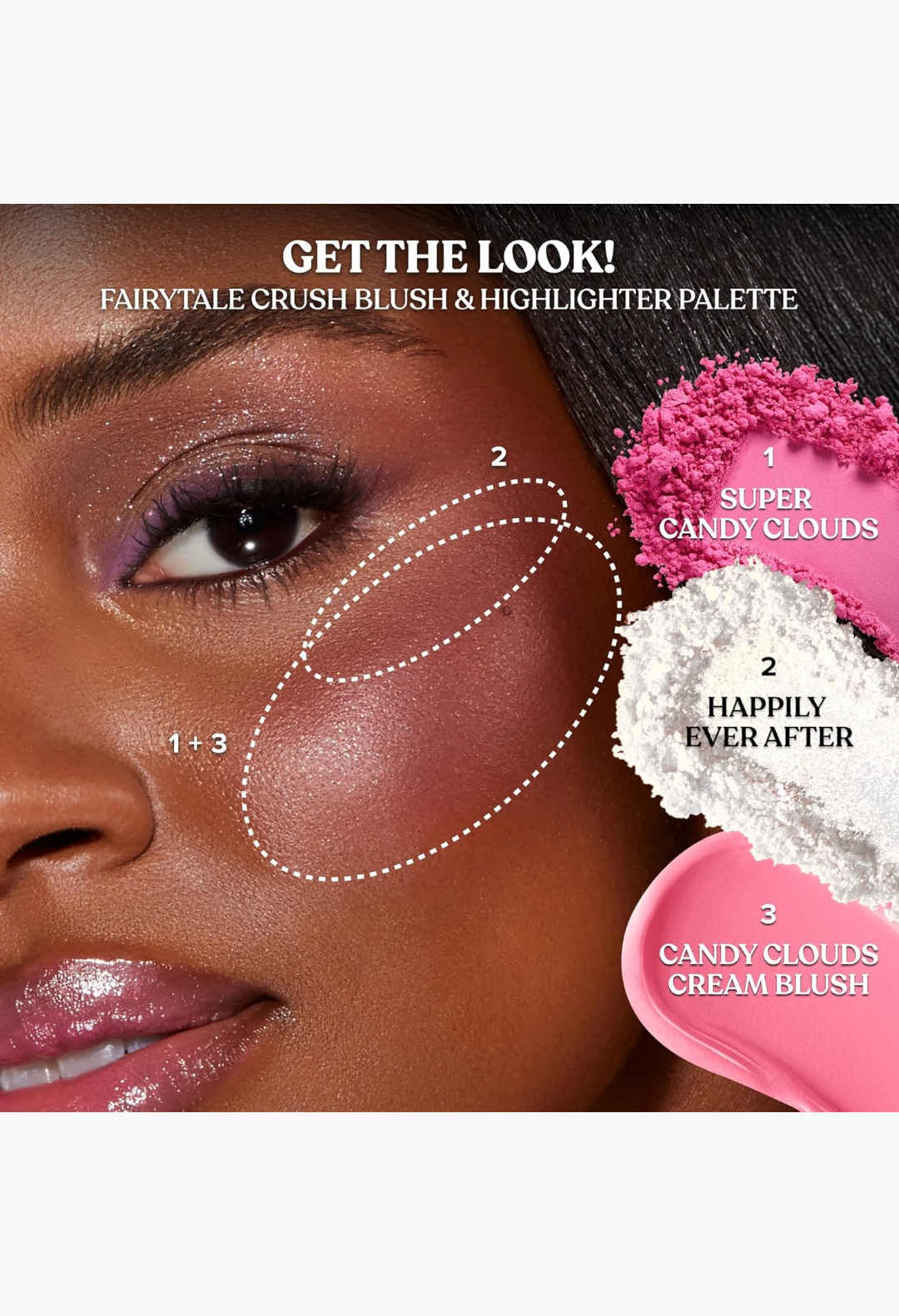 GLAM MODA Too Faced Fairytale Crush makeup palette showing blush and highlighter application on a model's cheek