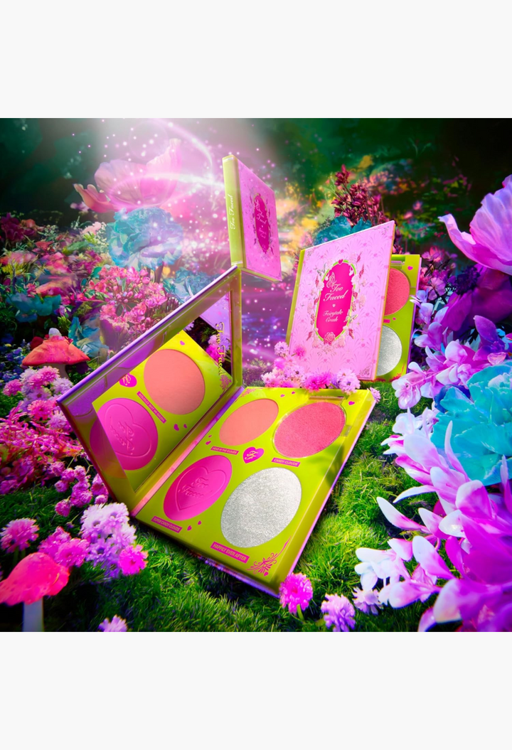 GLAM MODA Too Faced Fairytale Crush makeup palette featuring pink powder blushes and a shimmering highlighter.