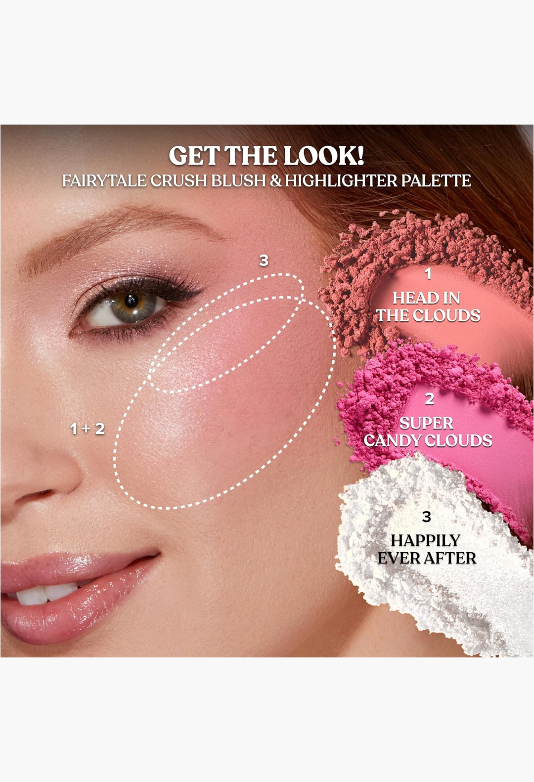 GLAM MODA Too Faced Fairytale Crush makeup palette showing pink blush and highlighter swatches on a model face