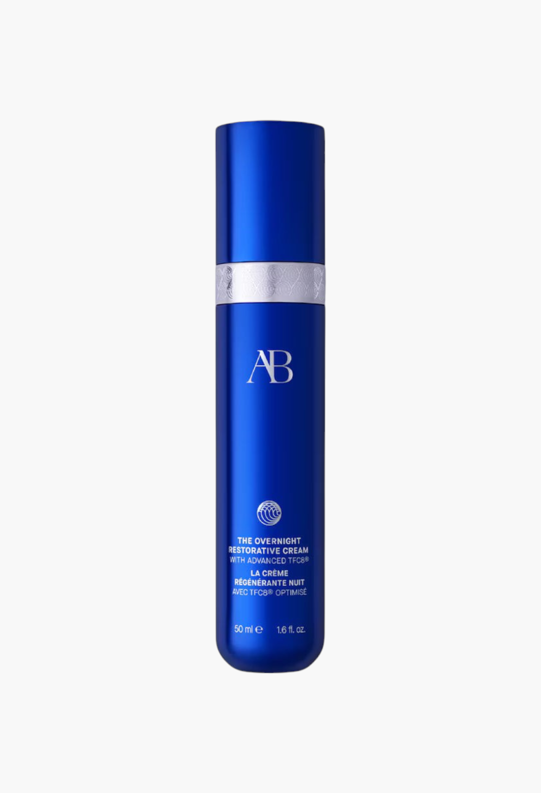 GLAM MODA Augustinus Bader The Overnight Restorative Cream in a sleek blue 50ml pump bottle for night-time skin renewal.