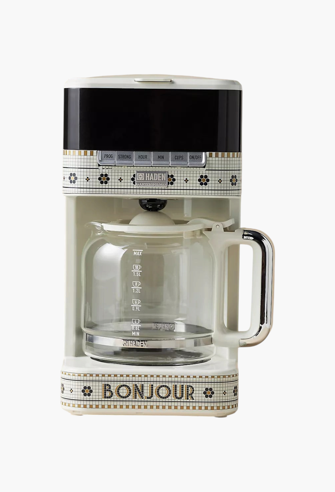 GLAM MODA Bistro Tile 12-cup coffee maker with white mosaic pattern, 24k gold accents, and Bonjour text on glass pot.