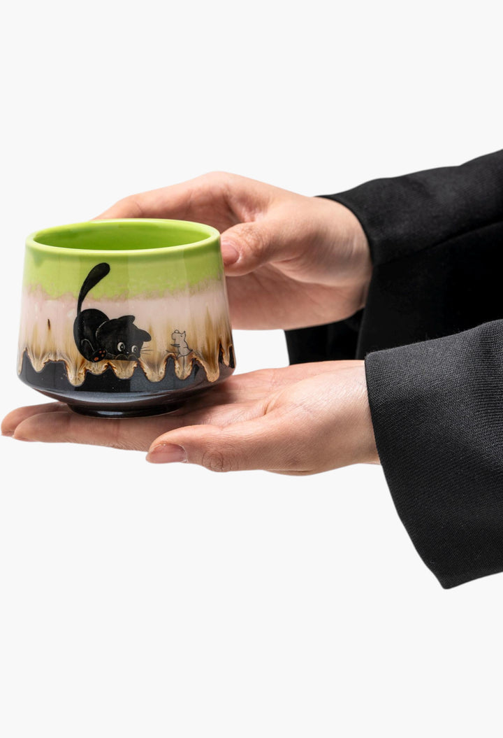 Hand-Painted Cat And Rat Ceramic Matcha Bowl Set With Bamboo Whisk And Chasen Holder Matcha Tea Ceremony Set - GLAM MODA
