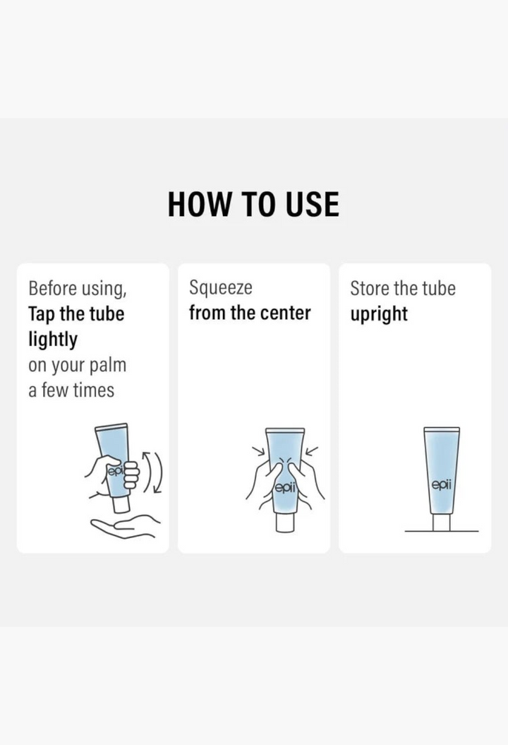 GLAM MODA instructional graphic showing how to use Epii Double Up Cream by tapping, squeezing, and storing the tube.