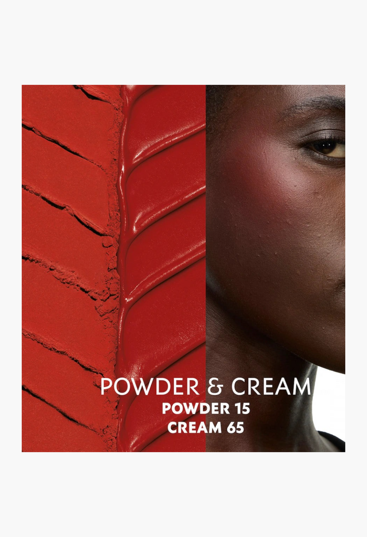 GLAM MODA Make Me Blush cream blush in vibrant red, shown as a smooth texture swatch and applied on a model's cheek.