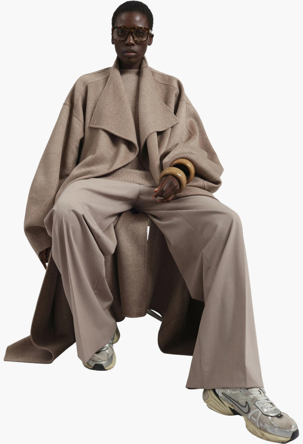 Leroy Funnel Neck Wool Coat - Taupe Melange