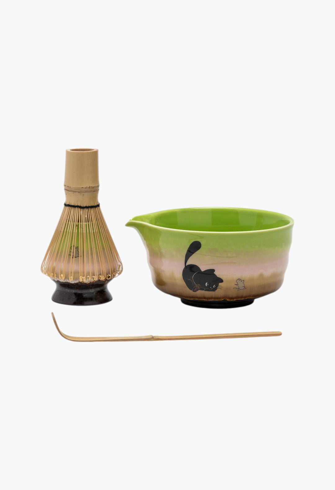Hand-Painted Cat And Rat Ceramic Matcha Bowl Set With Bamboo Whisk And Chasen Holder Matcha Tea Ceremony Set - GLAM MODA