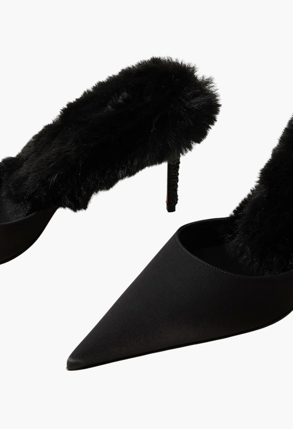 Plush-Trimmed Satin Mules