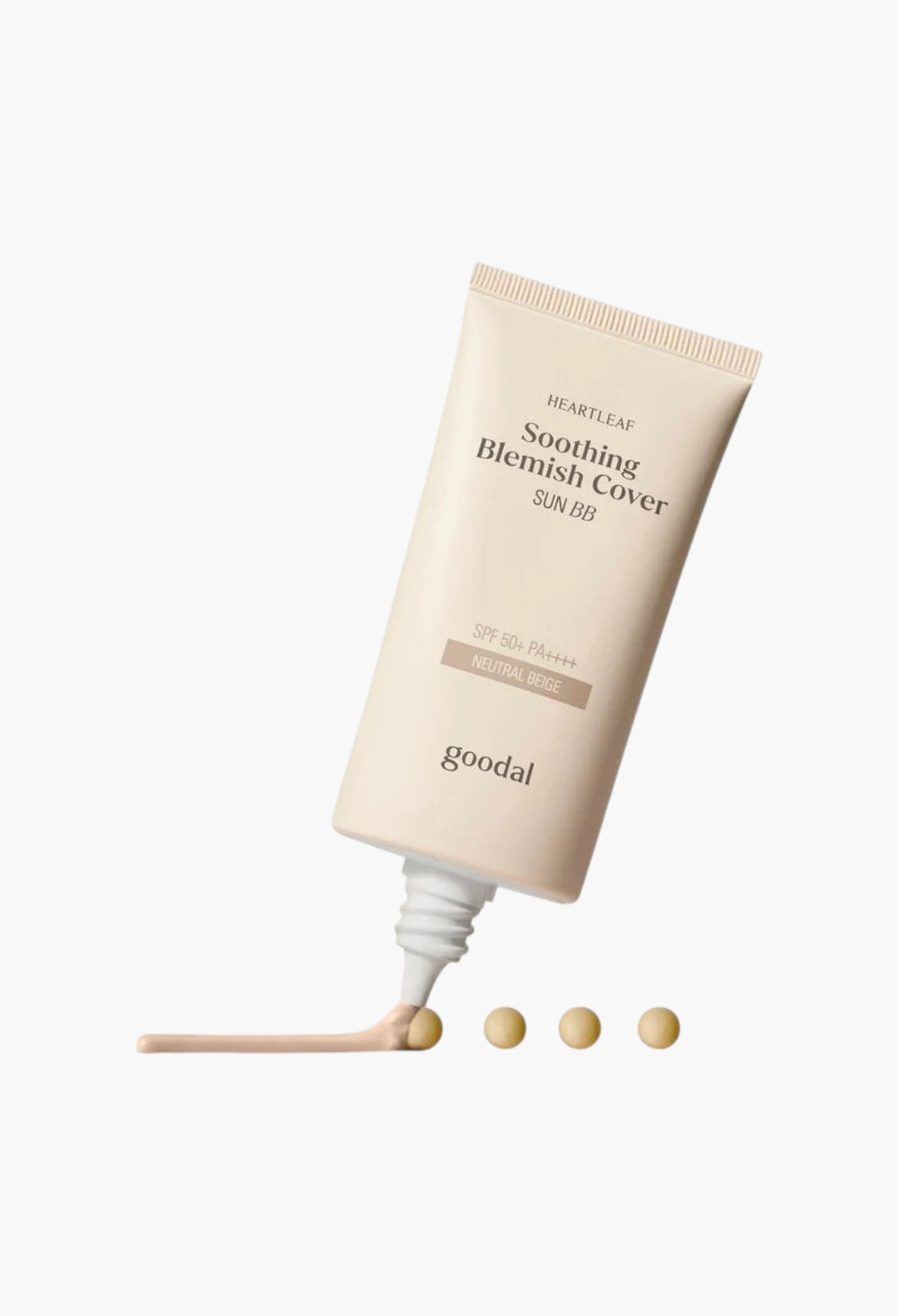 GLAM MODA Goodal Heartleaf Soothing Blemish Cover Sun BB in neutral beige with SPF50+ protection and cream texture.