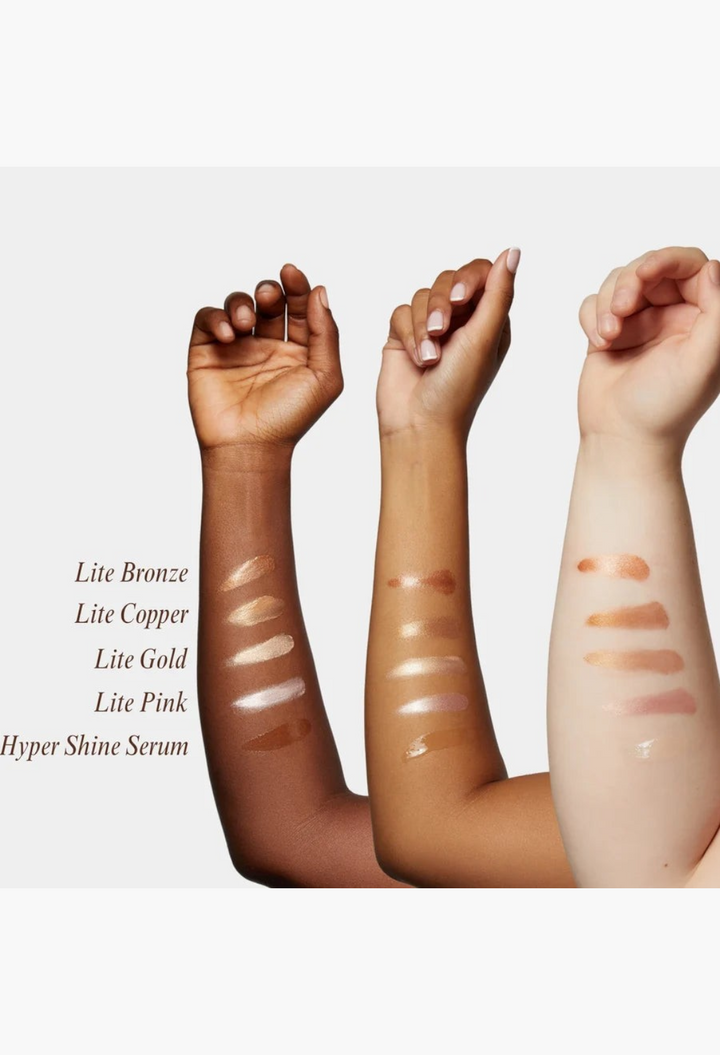 GLAM MODA Hyper Shine Lite Pigment swatches on three different skin tones showing radiant, buildable glow