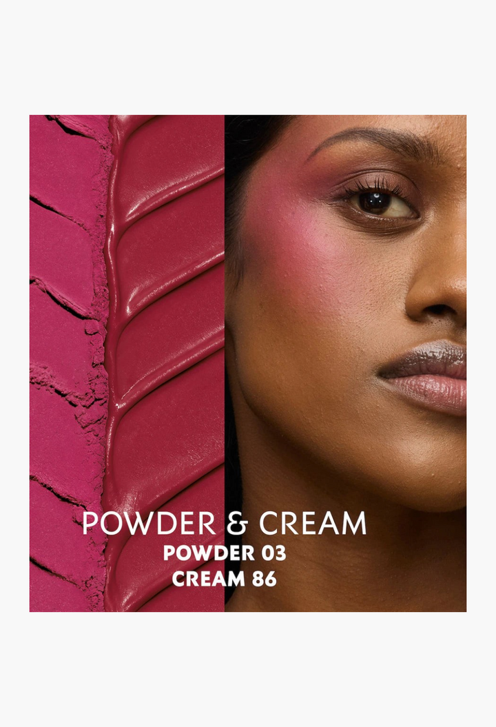 GLAM MODA Make Me Blush cream blush swatch in deep berry red applied on a model with a vibrant dewy finish